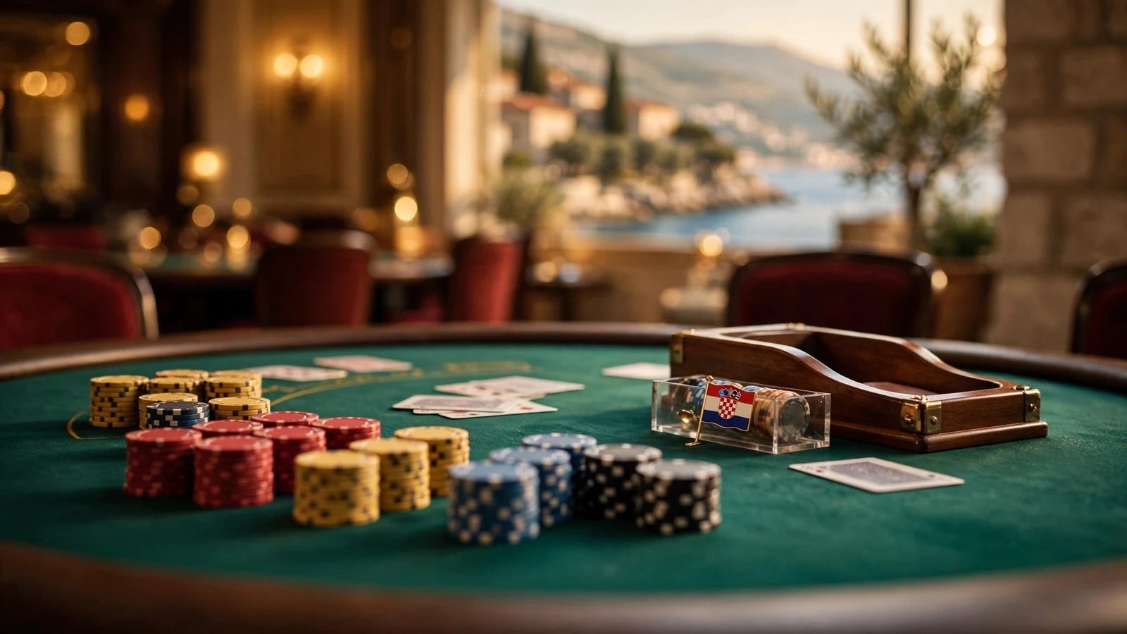 Elegantni stol za bakkaru s ulošcima i kartama u hrvatskom casinu