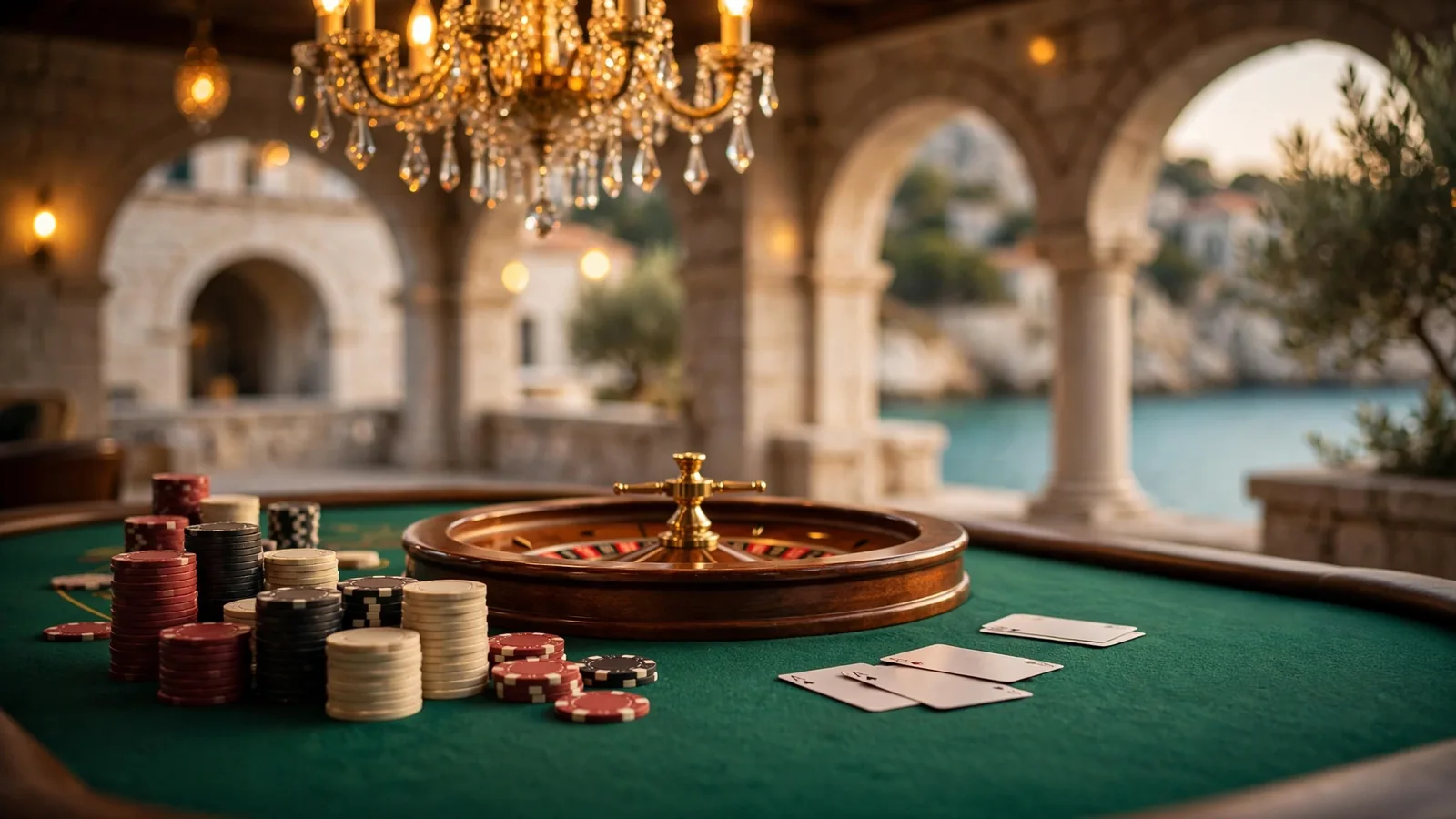 Elegantna casino atmosfera s hrpom žetona i ruletom na stolu, u dalmatinskom primorskom interijeru