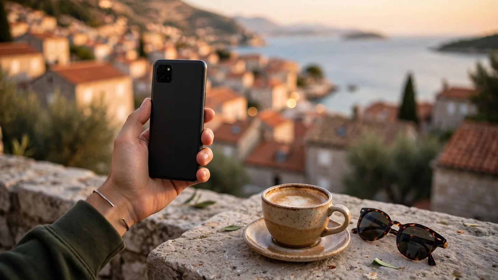 Android telefon na terasi s pogledom na Jadransko more
