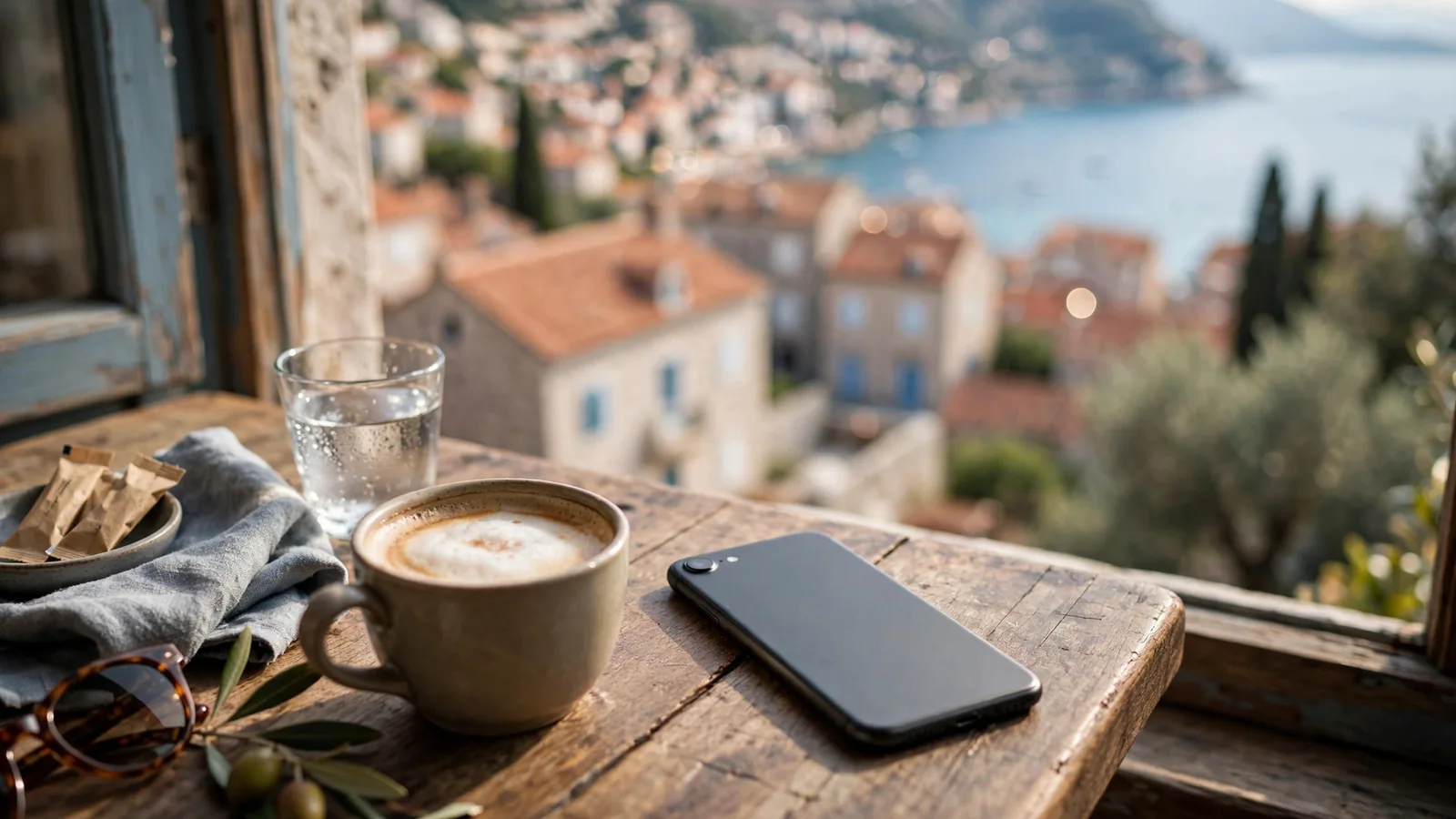 iPhone na stolu uz kavu s pogledom na hrvatski grad