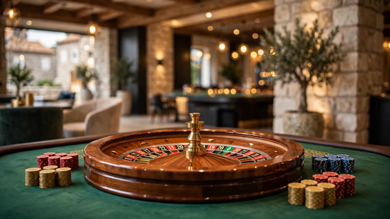 Stol za rulet s kotačem i žetonima u modernom hrvatskom casinu